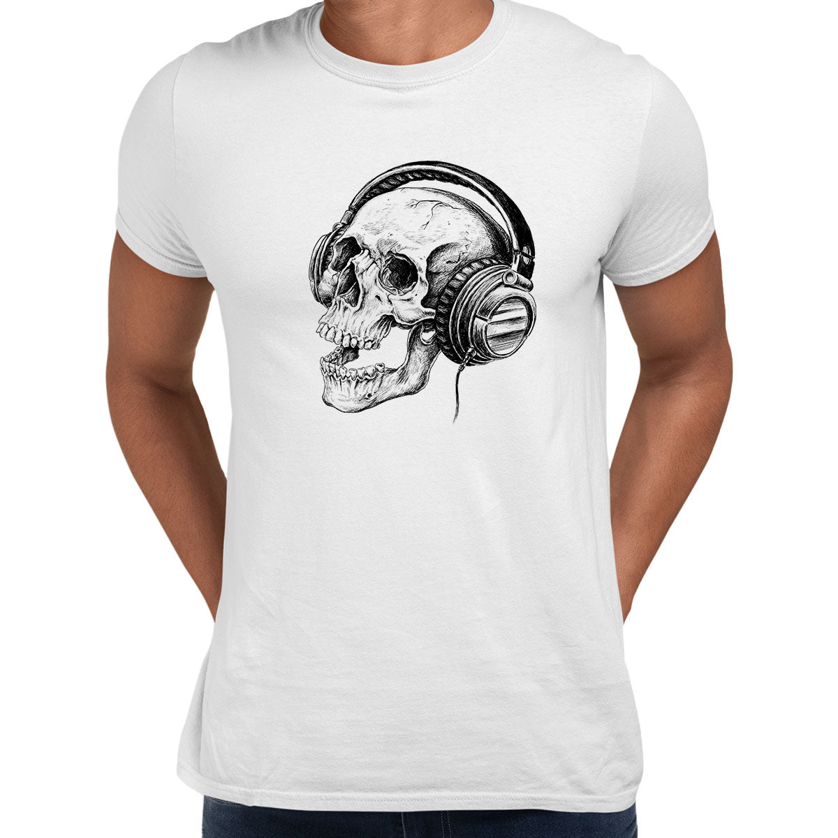 Skull Headphones DTG Printed Mens Tee S-3XL Band Skeleton Music Retro Unisex T-Shirt - Kuzi Tees