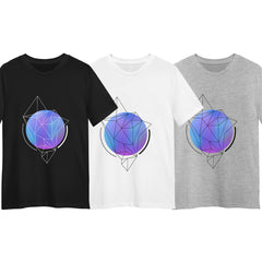 Abstract Blue Gradient Sphere T-Shirt with Geometric Polygon Line Art on Black