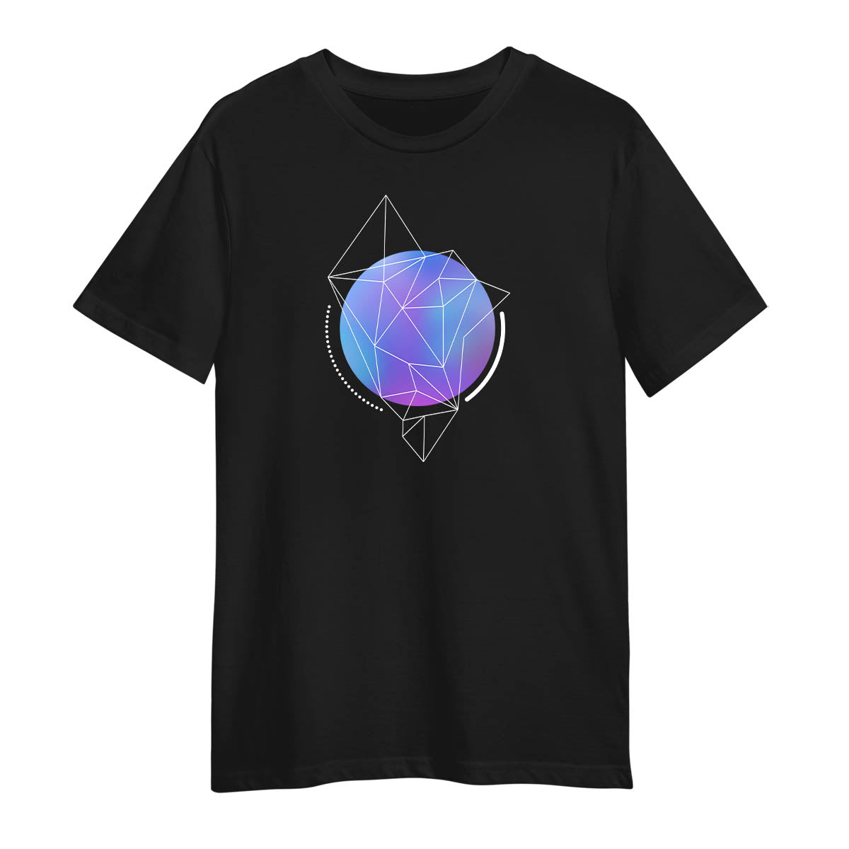 Abstract Blue Gradient Sphere T-Shirt with Geometric Polygon Line Art on Black