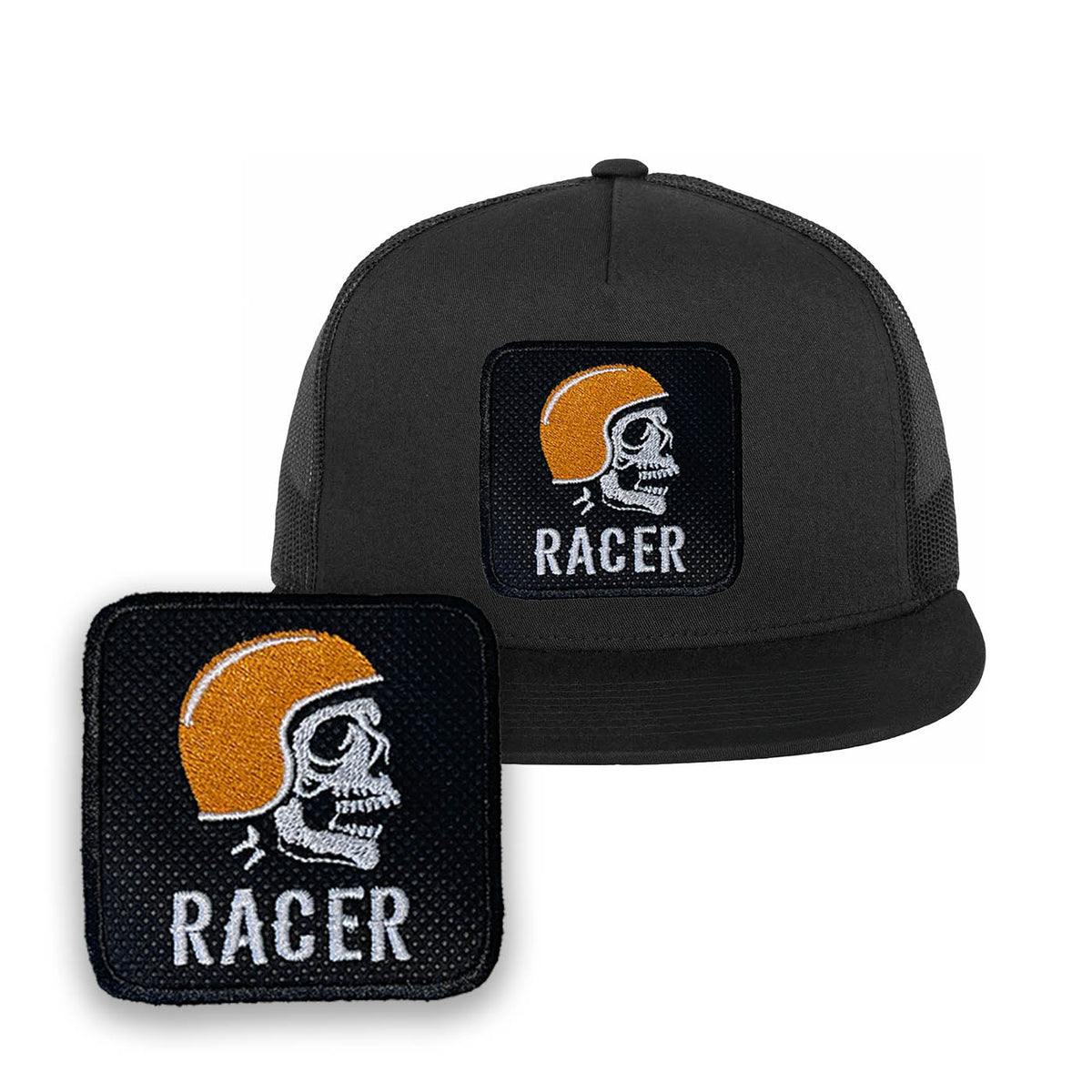 Biker Embroidered Baseball Cap with Racer Skull Patch by Forge Bros