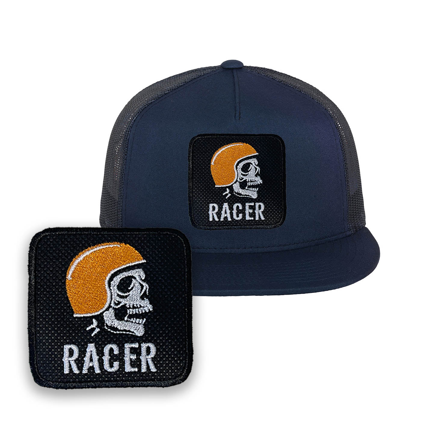 Biker Embroidered Baseball Cap with Racer Skull Patch by Forge Bros