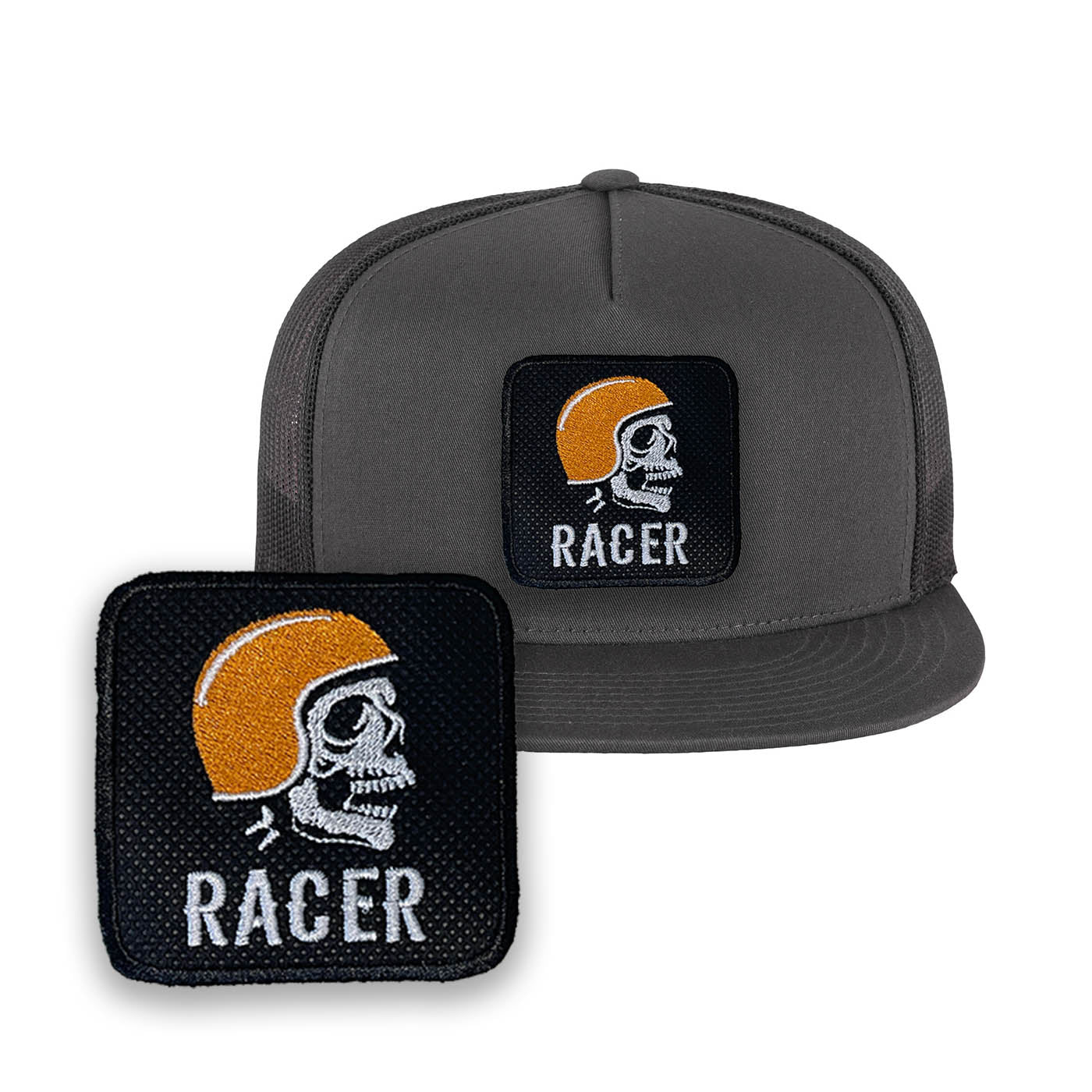 Biker Embroidered Baseball Cap with Racer Skull Patch by Forge Bros