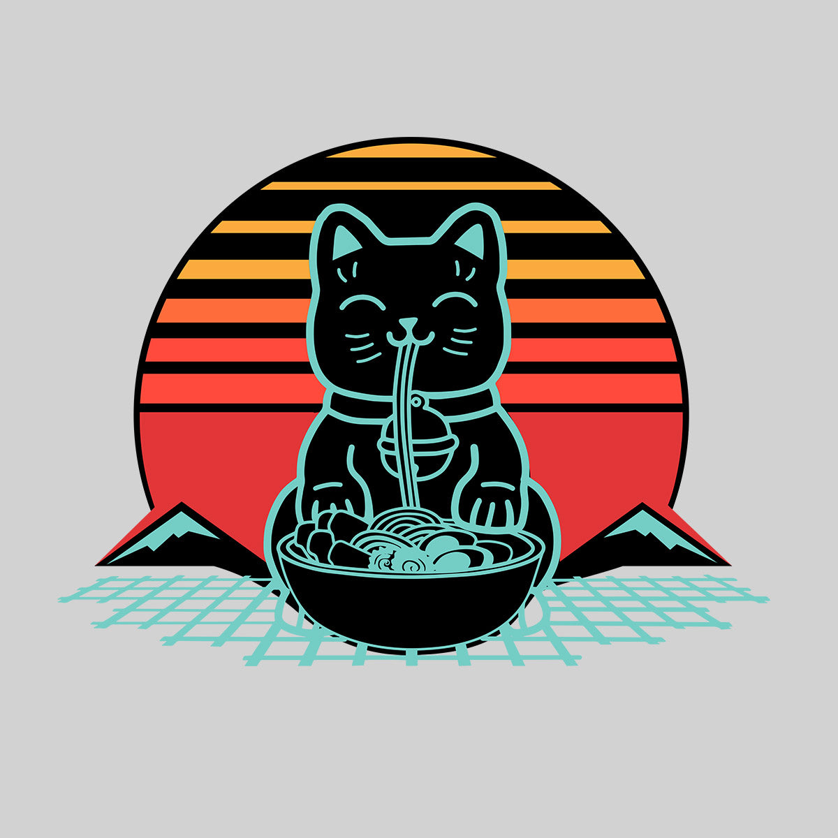 Cat Ramen Black T-shirt Kawaii Neko Chonk Retro 80s Style 