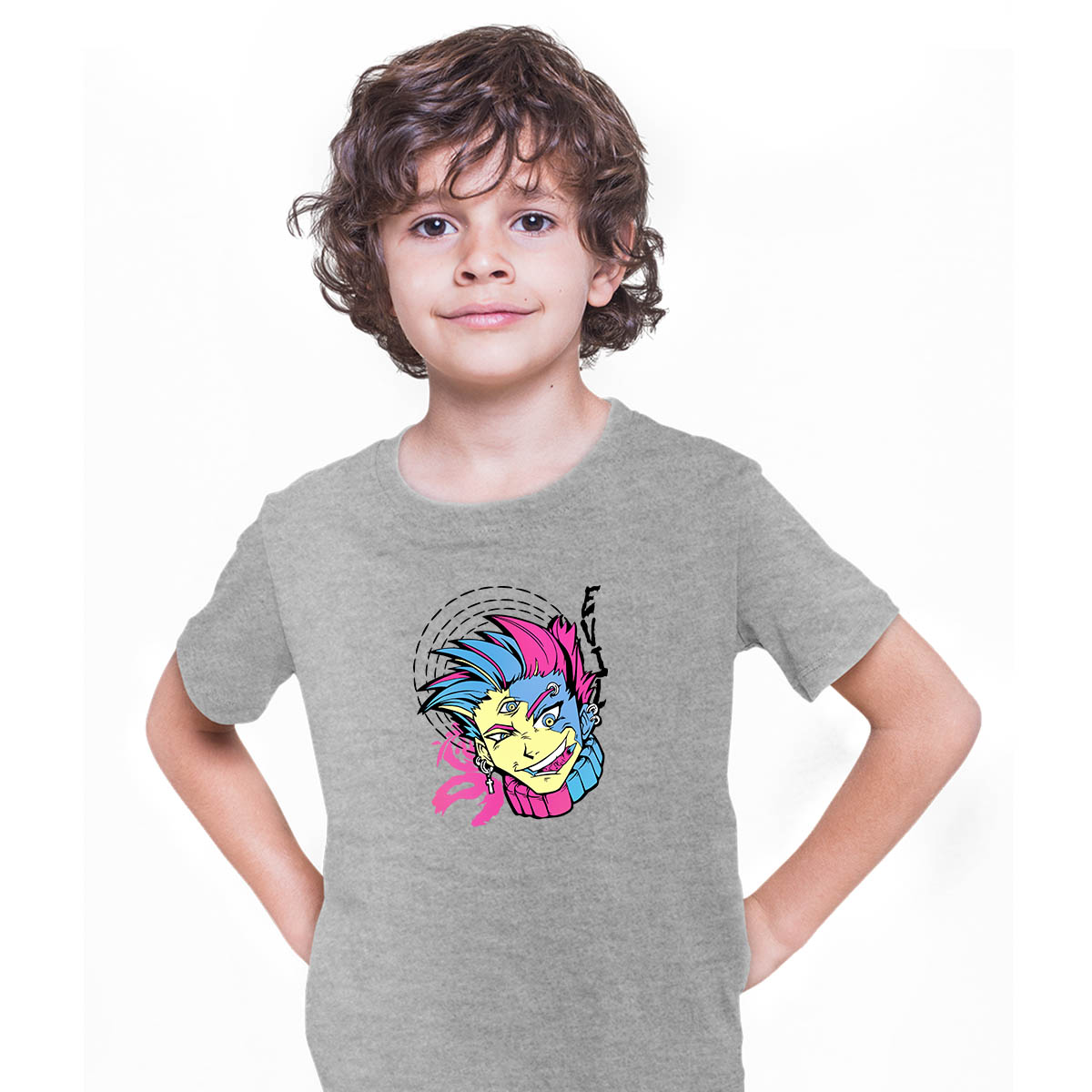 Yokai Funny Evil Anime Boy With Three Eyes Japanese Anime Manga Grey T-shirt for Kids