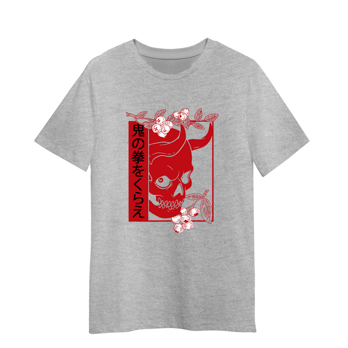 Japanese Demon Art Face Skull Devil Oni Harajuku Aesthetic Adult Unisex Grey T-shirt