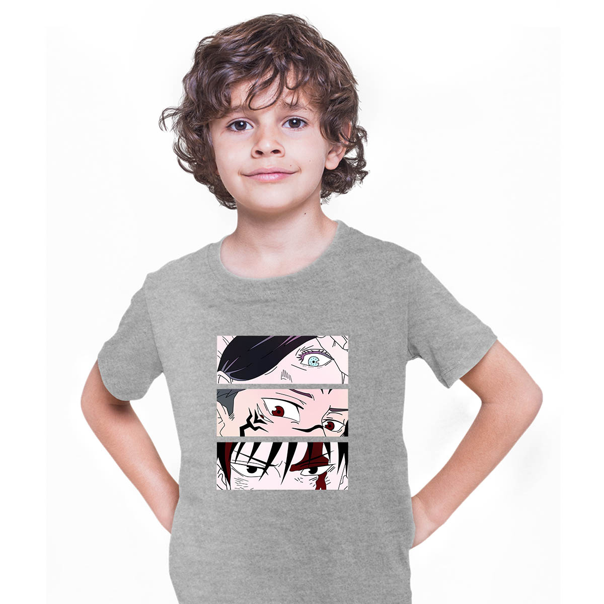 Jujutsu Kaisen Kawaii Satoru Gojo Yuji Itadori Sukuna Eyes Manga Anime Grey T-shirt for Kids