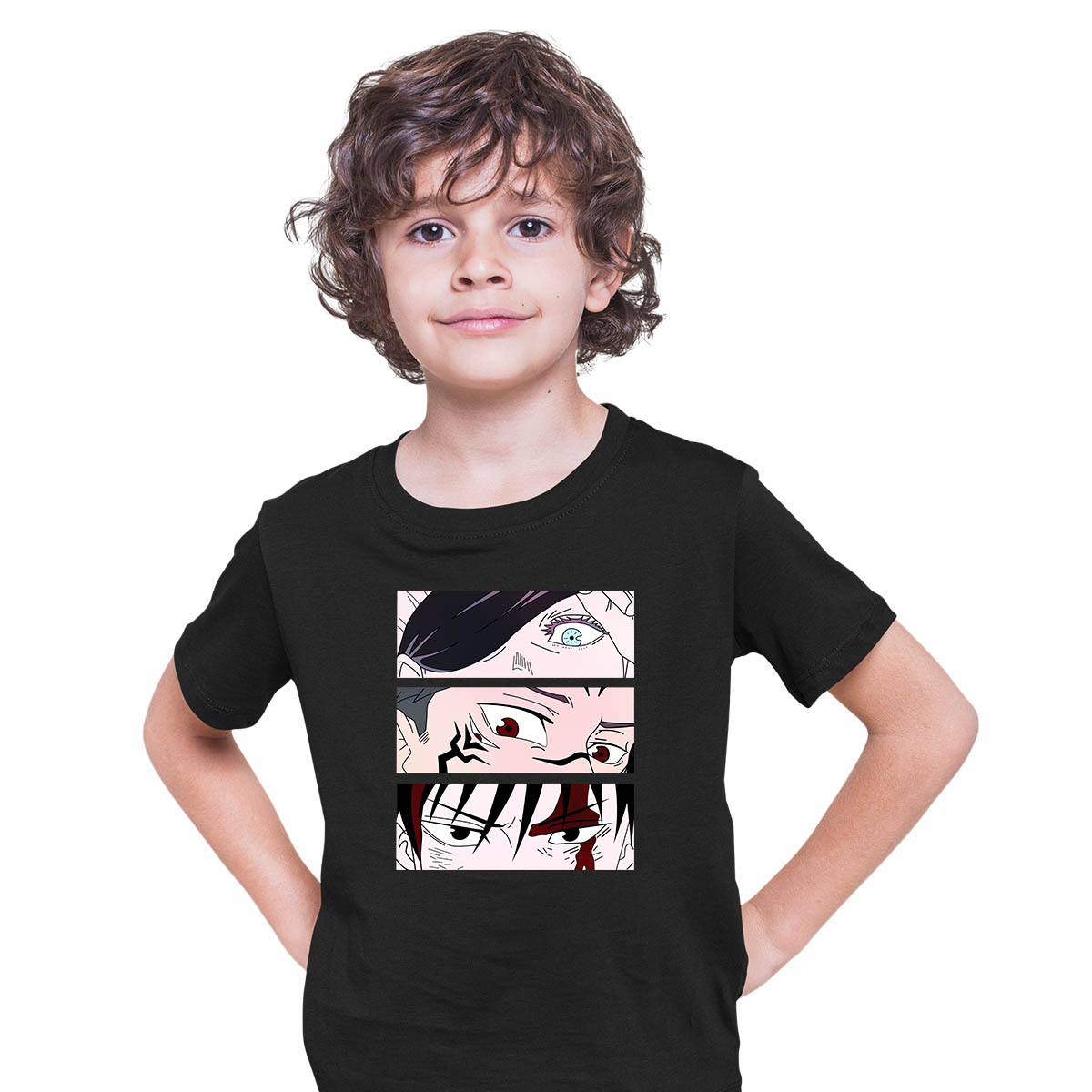 Jujutsu Kaisen Kawaii Satoru Gojo Yuji Itadori Sukuna Eyes Manga Anime Black T-shirt for Kids