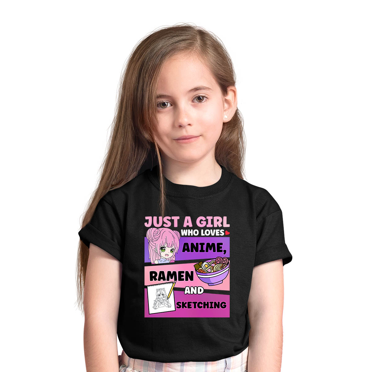 Just A Girl Who Loves Anime Ramen And Sketching Girl Harajuku Anime Black T-shirt for Kids
