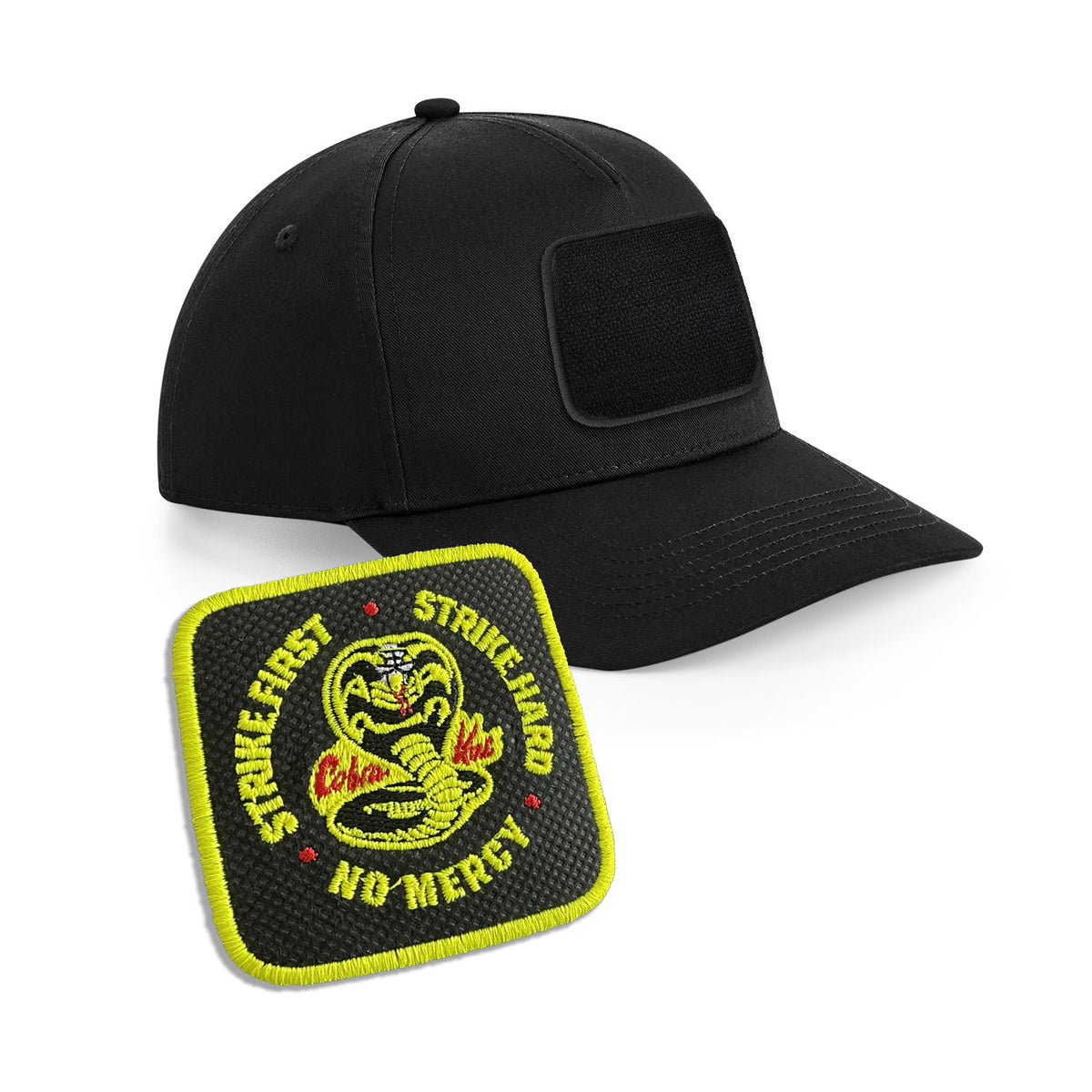 Cobra Kai Strike Hard Cap Embroidered Velcro Patch Hat Black, White, Grey