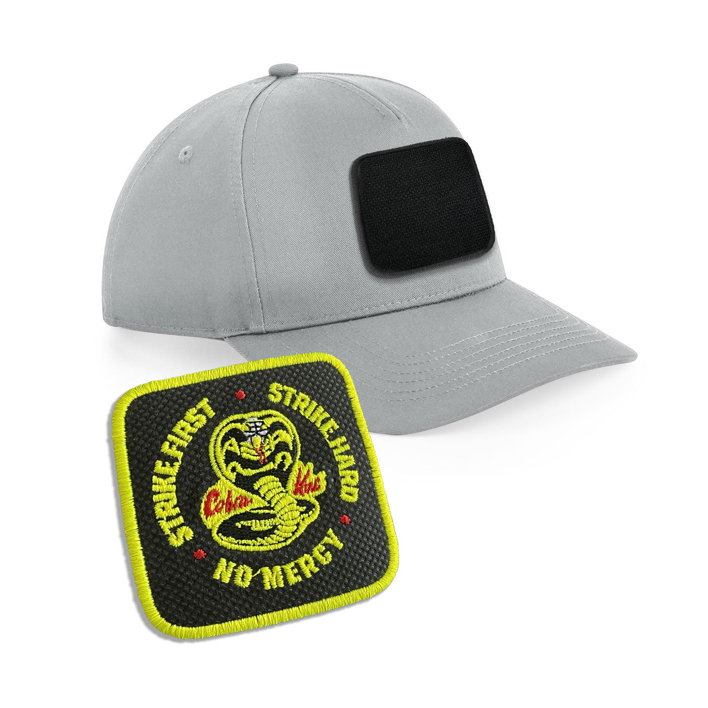 Cobra Kai Strike Hard Cap Embroidered Velcro Patch Hat Black, White, Grey