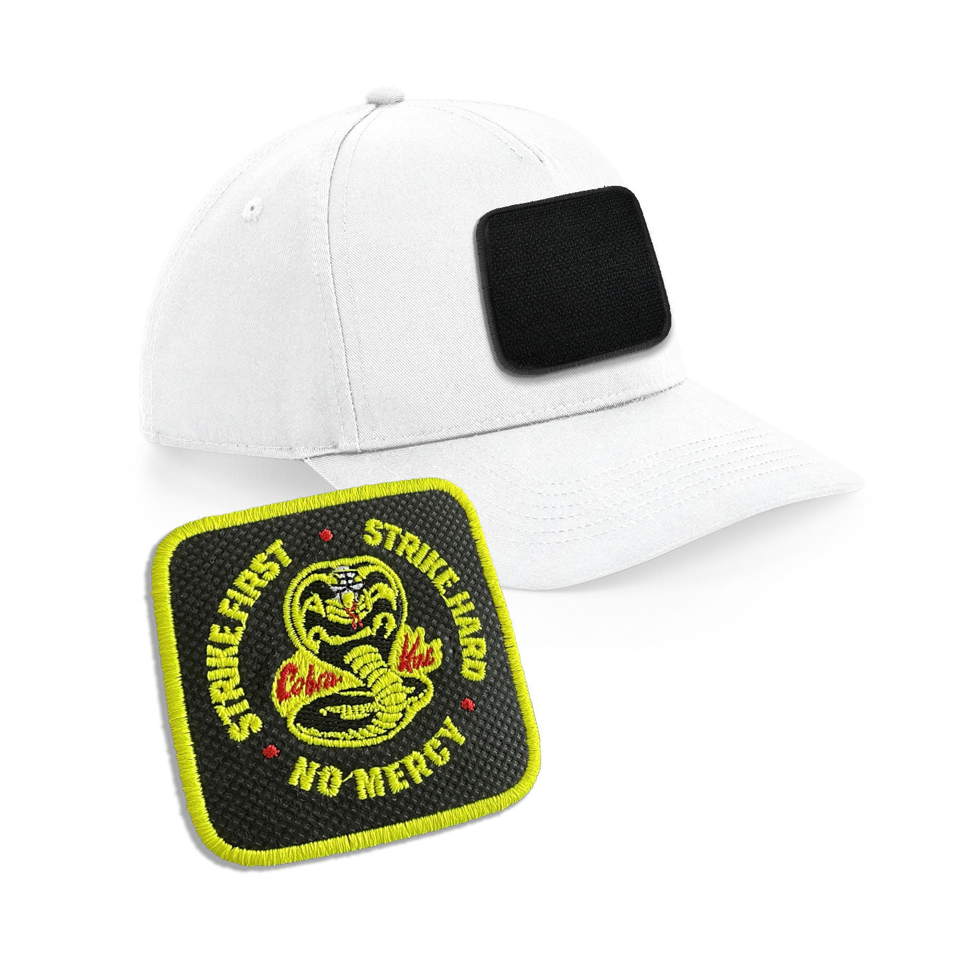 Cobra Kai Strike Hard Cap Embroidered Velcro Patch Hat Black, White, Grey