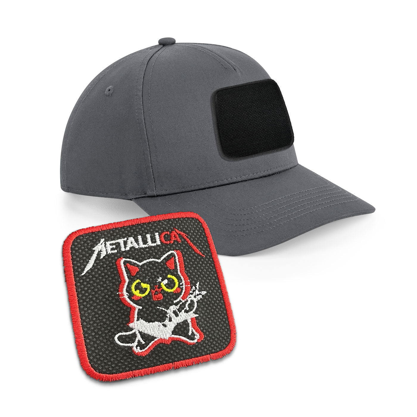 Metal Cat Cap Embroidered Velcro Patch Heavy Metal Rock Hat Black, White, Grey