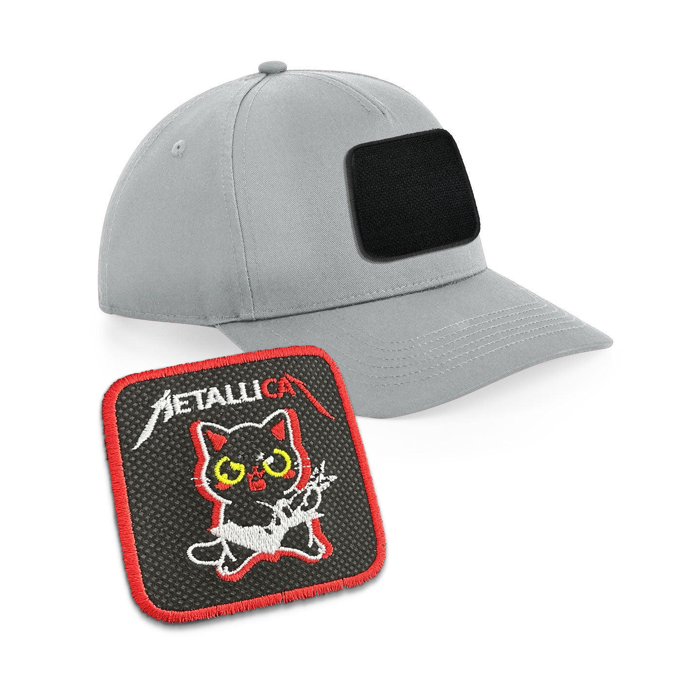 Metal Cat Cap Embroidered Velcro Patch Heavy Metal Rock Hat Black, White, Grey