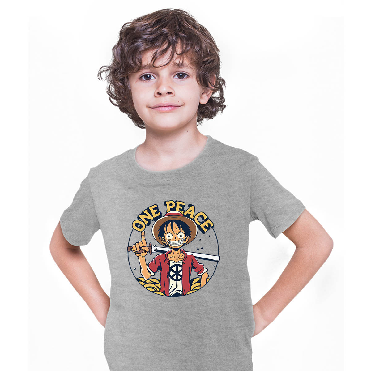 One Peace Monkey D. Luffy Funny One Piece Anime Manga Grey T-shirt for Kids