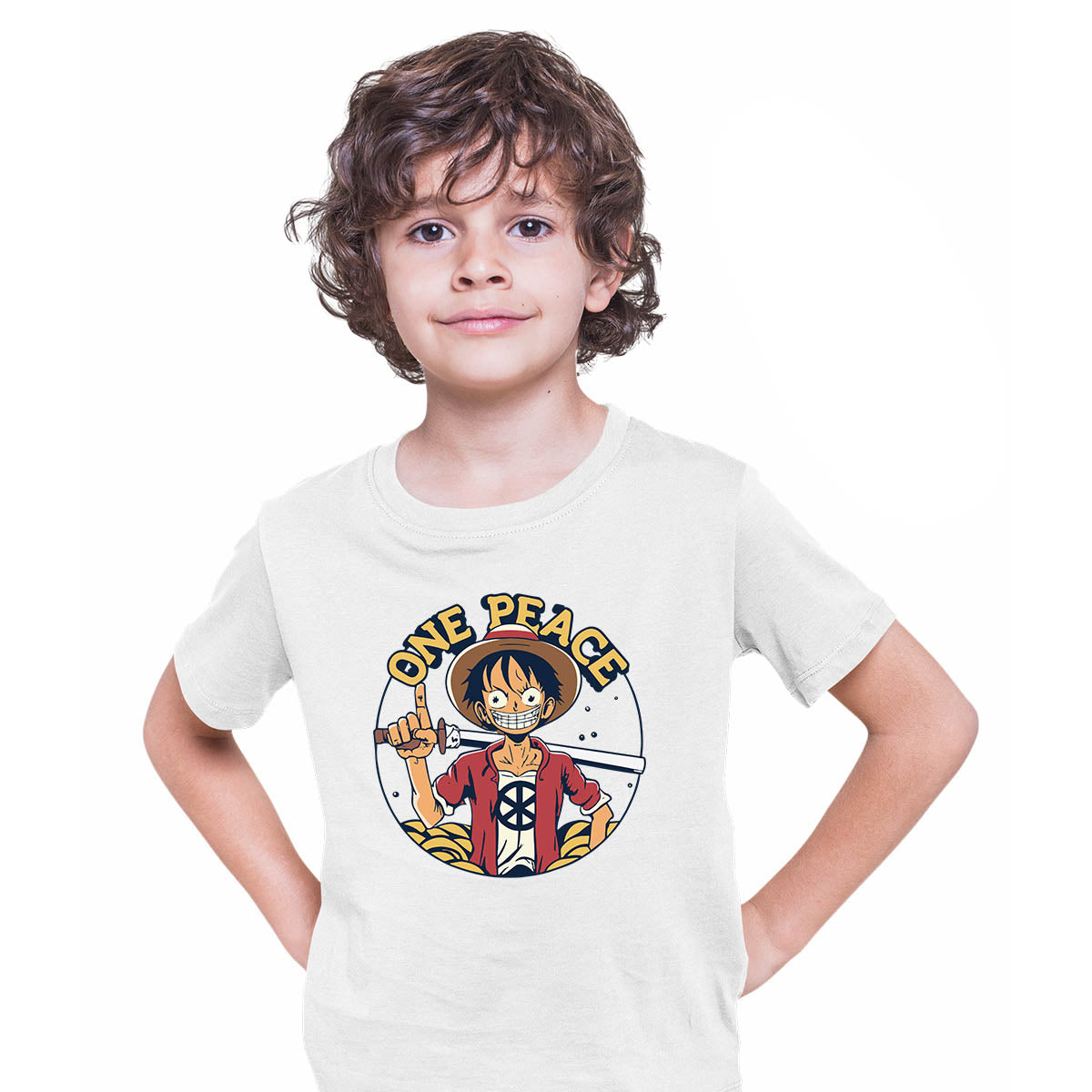 One Peace Monkey D. Luffy Funny One Piece Anime Manga White T-shirt for Kids