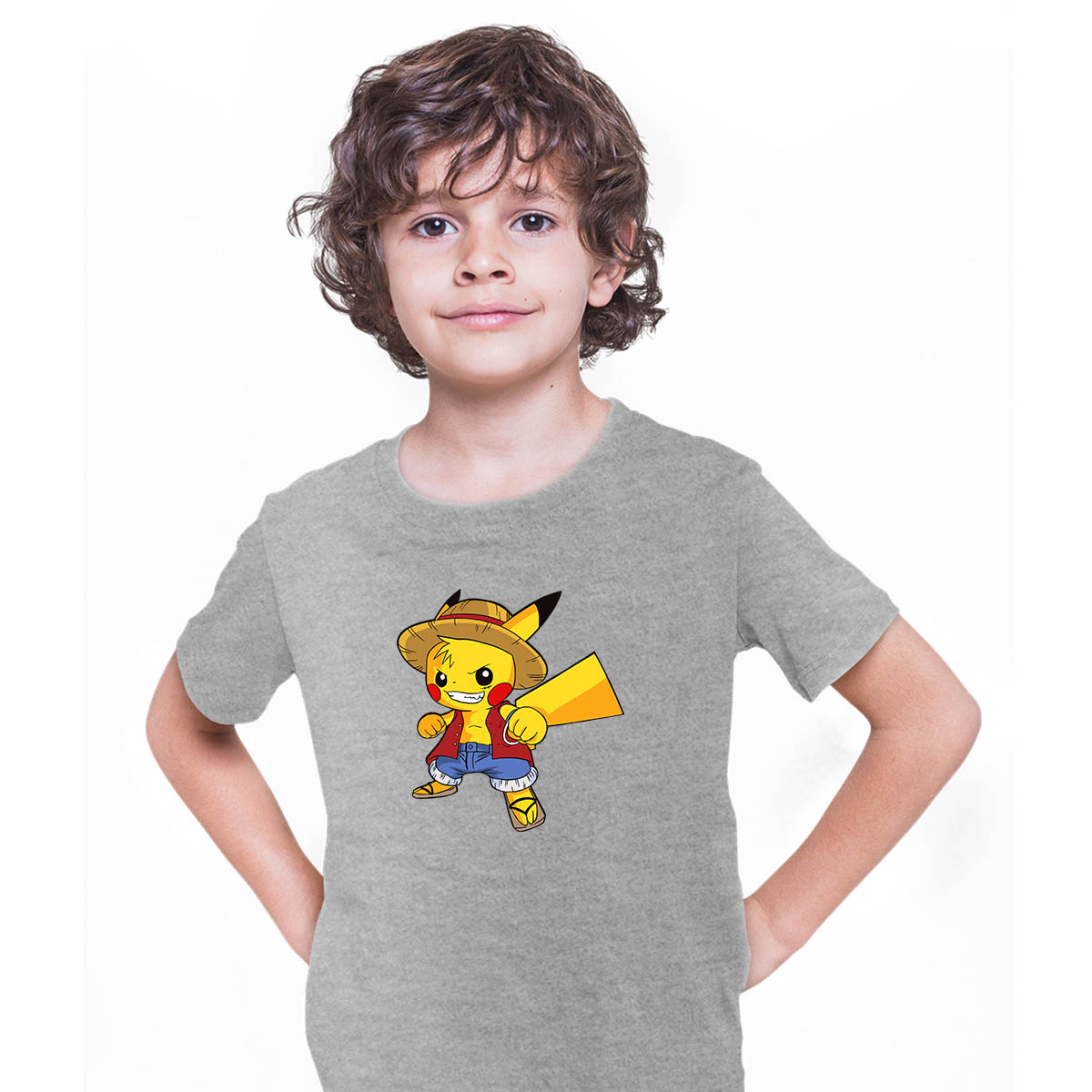 Pikachu Luffy One Piece Pikachu Pokemon Cute Cartoon Kids Grey T-shirt for Kids