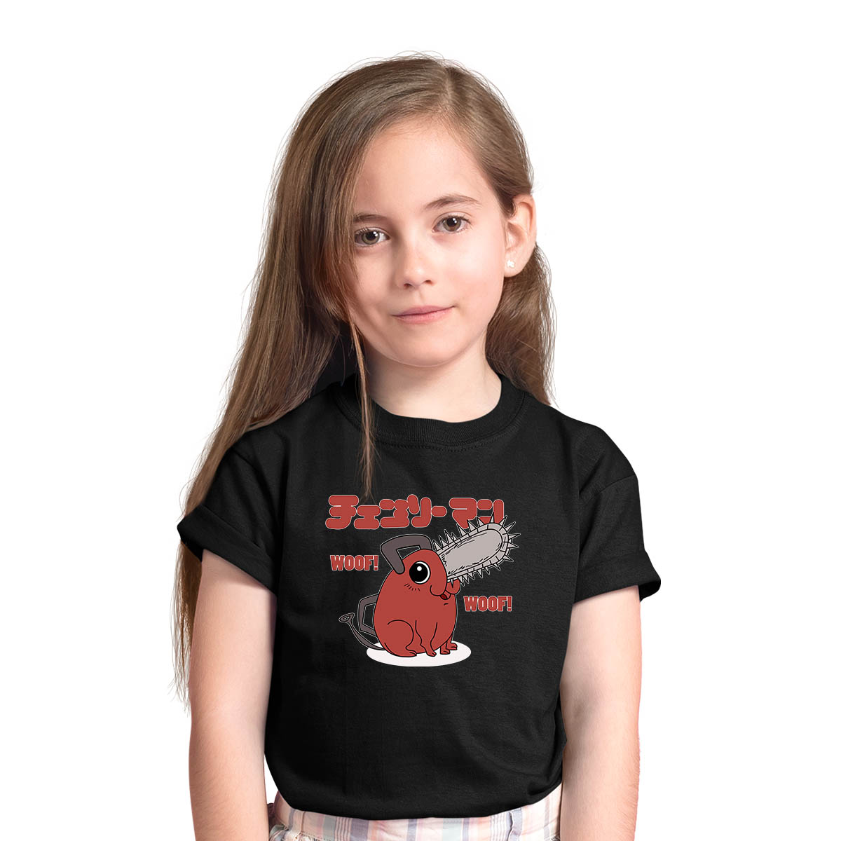 Cute Pochita Woof Woof Chainsaw Man Anime Manga Black T-shirt for Kids