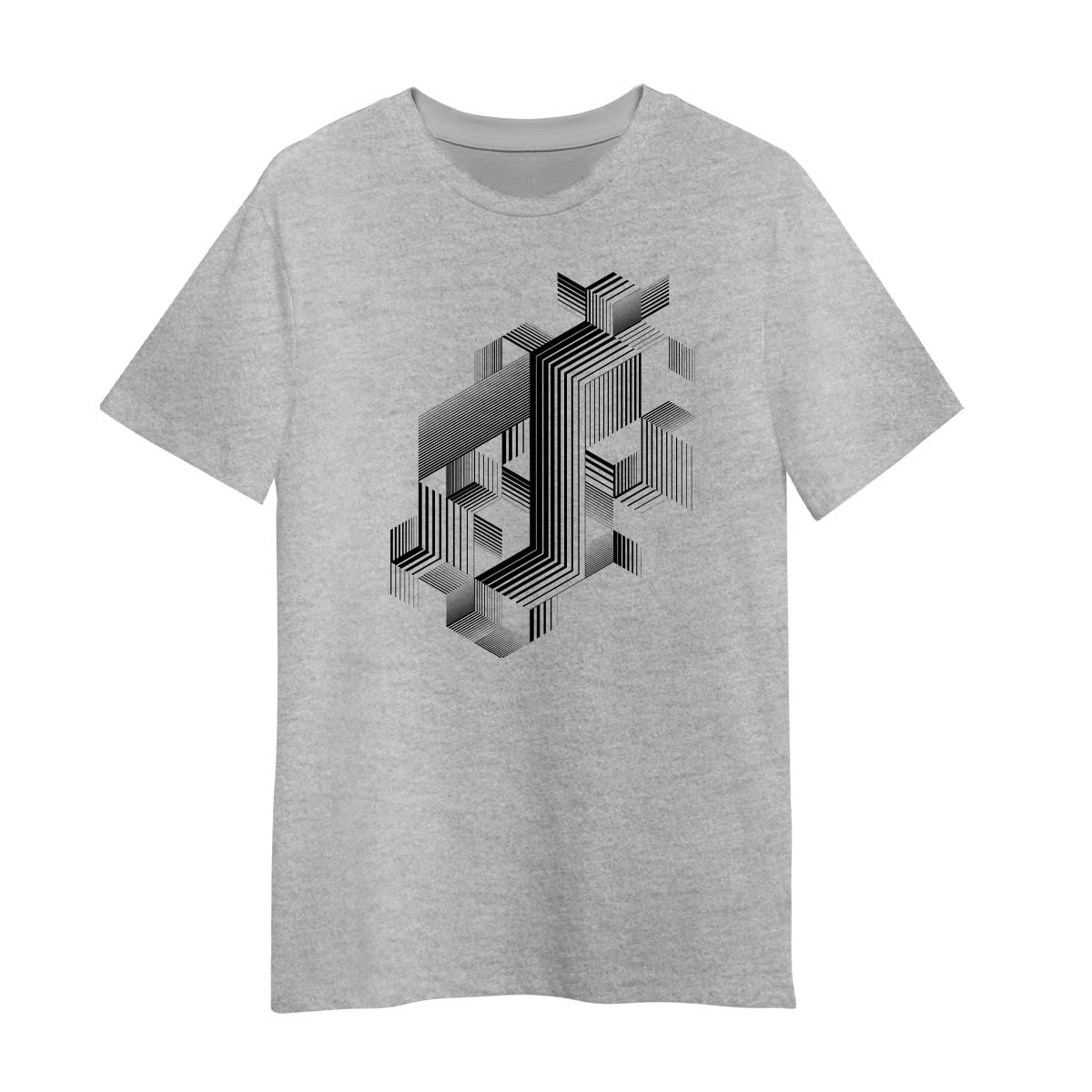 Retro Style Grey T-Shirt Linear Striped Abstract 3D Graphic 