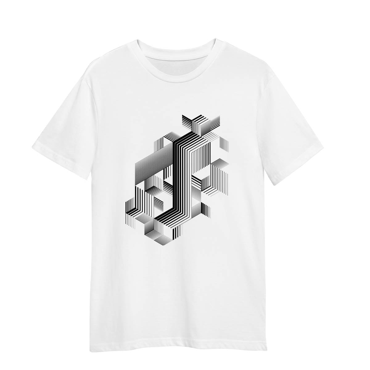 Retro Style White T-Shirt Linear Striped Abstract 3D Graphic 