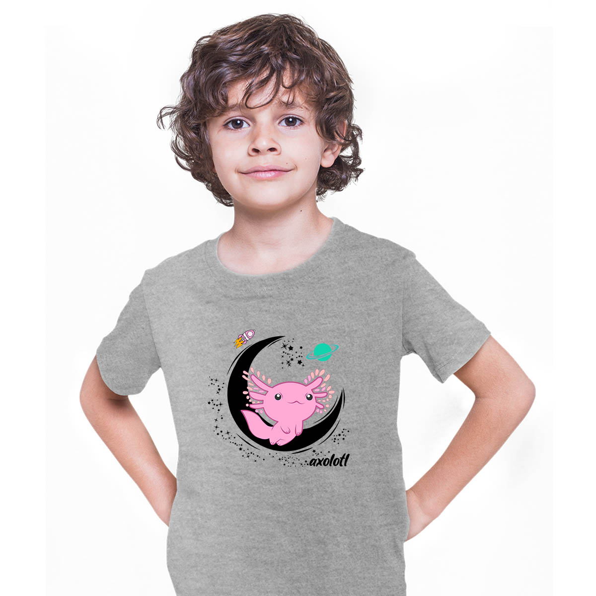 Space Axolotl Kawaii Pastel Goth Comic Japan Anime Manga Grey T-shirt for Kids