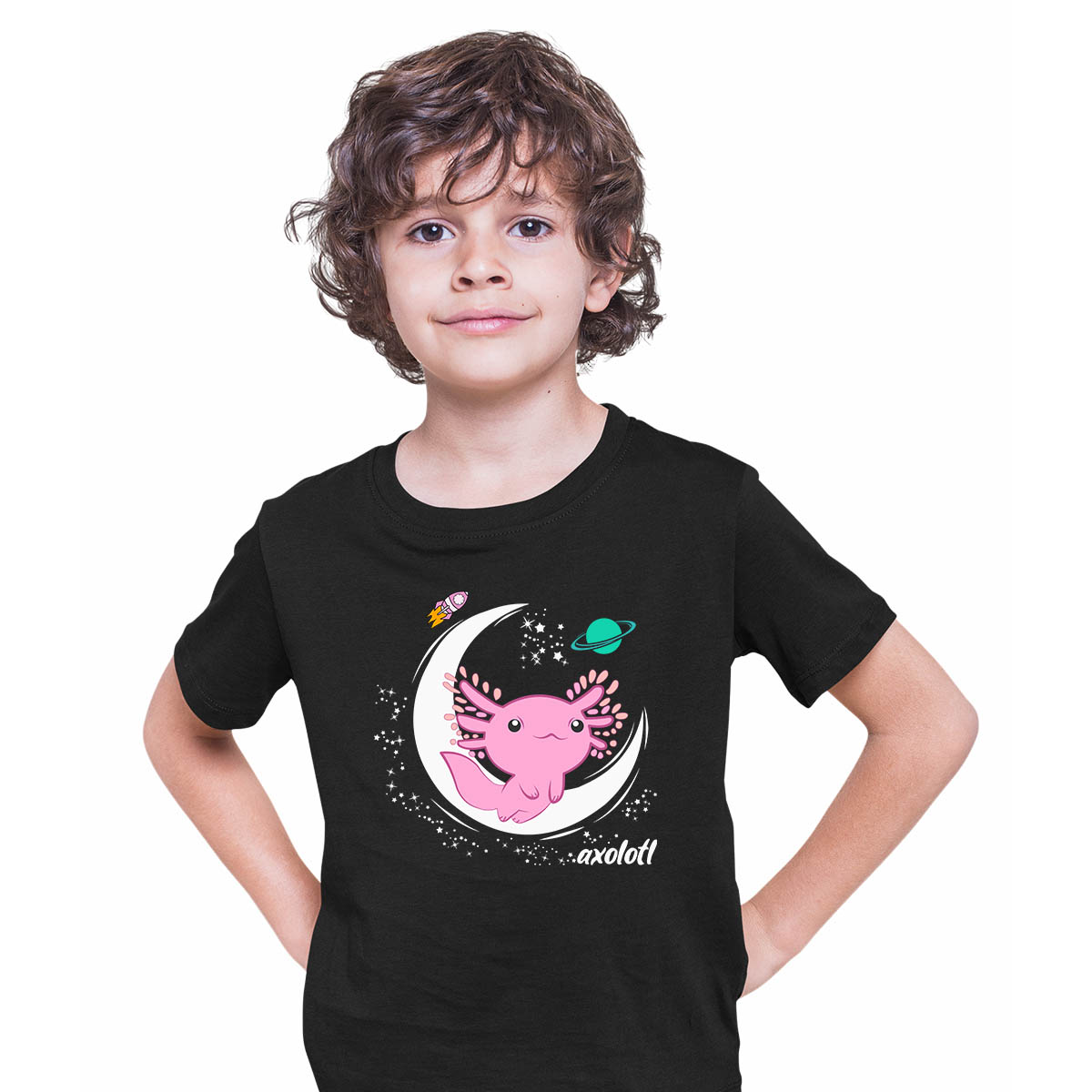 Space Axolotl Kawaii Pastel Goth Comic Japan Anime Manga Black T-shirt for Kids