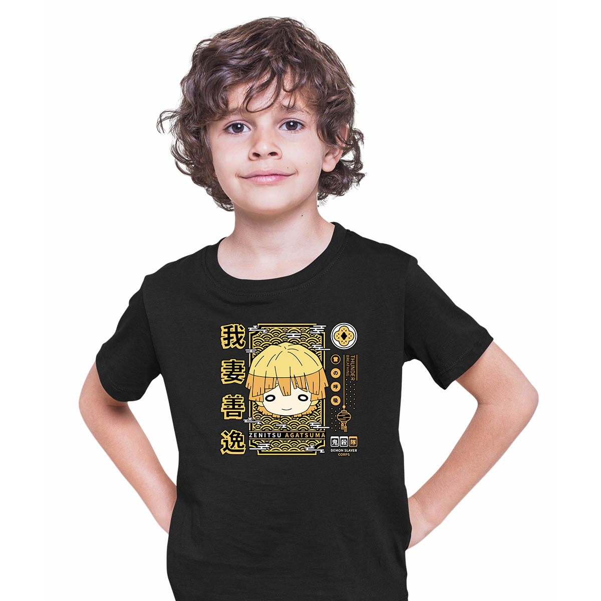 Zenitsu Agatsuma Demon Slayer Corps Anime Manga Black T-shirt for Kids
