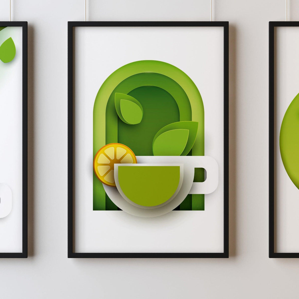 Green Tea Two Kitchen Wall Art Prints Dining Room Home Décor Poster Minimalistic Paper Cut Art - Kuzi Tees