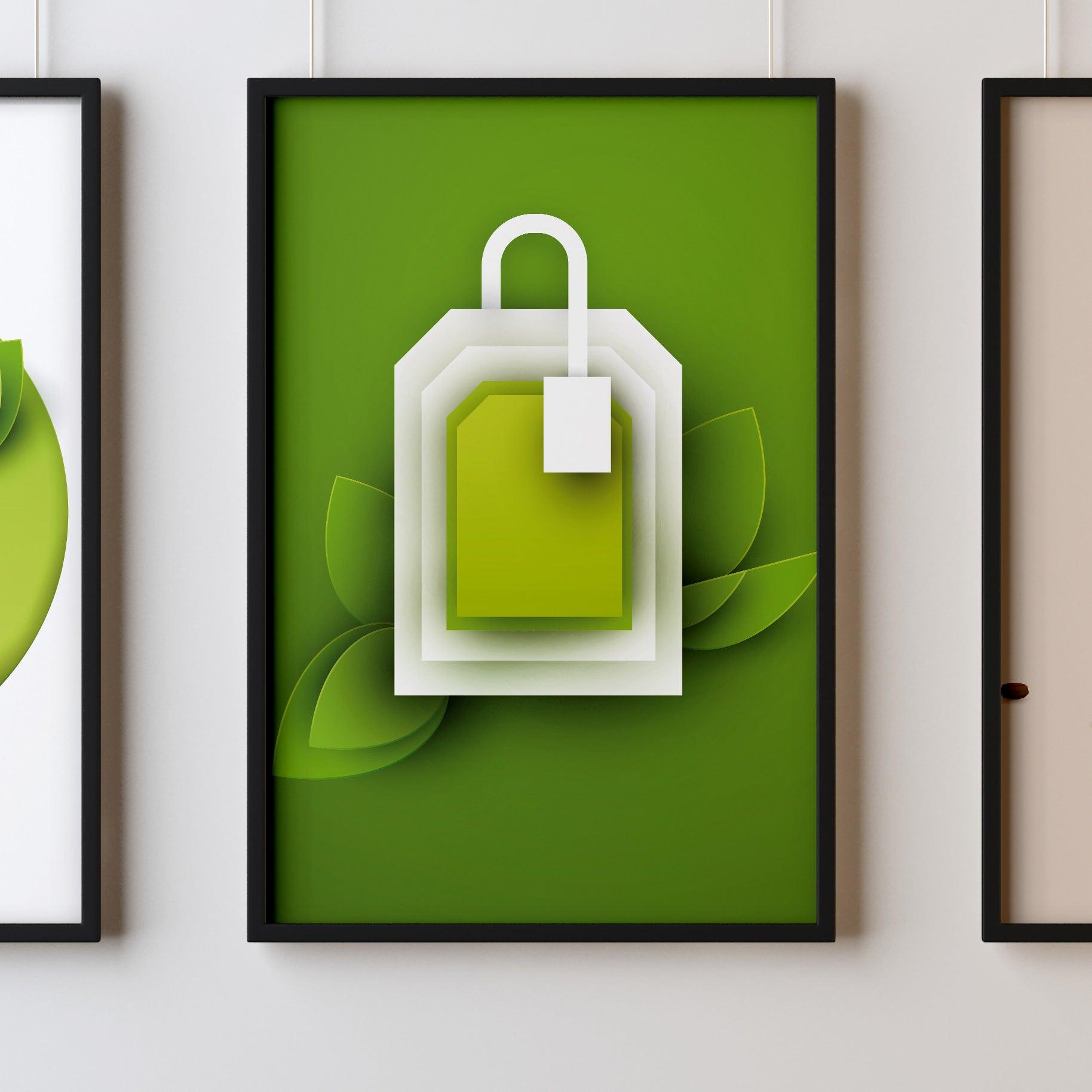 Green Tea Four Kitchen Wall Art Prints Dining Room Home Décor Poster Minimalistic Paper Cut Art - Kuzi Tees