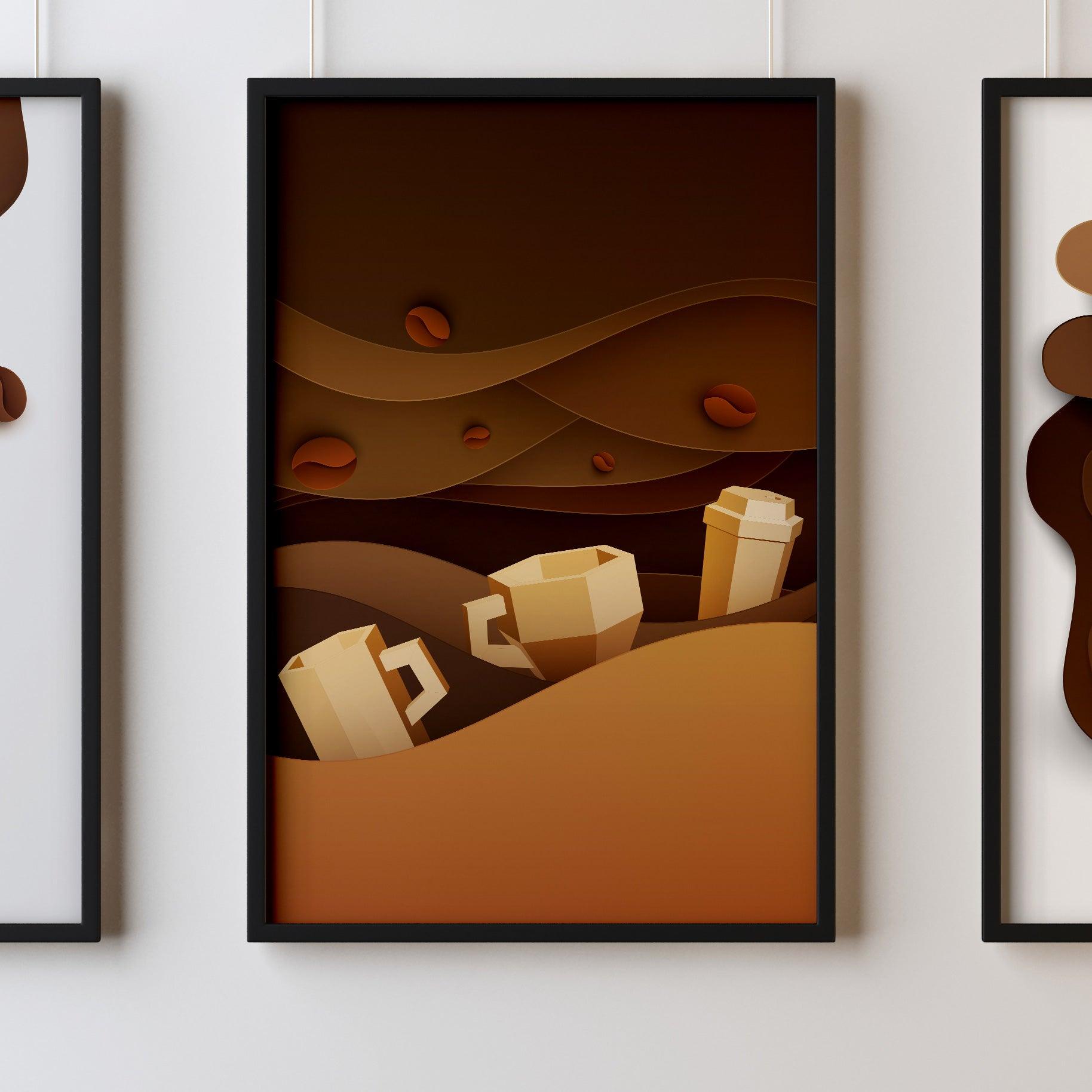 Coffee Three Kitchen Wall Art Prints Dining Room Home Décor Poster Minimalistic Paper Cut Art - Kuzi Tees