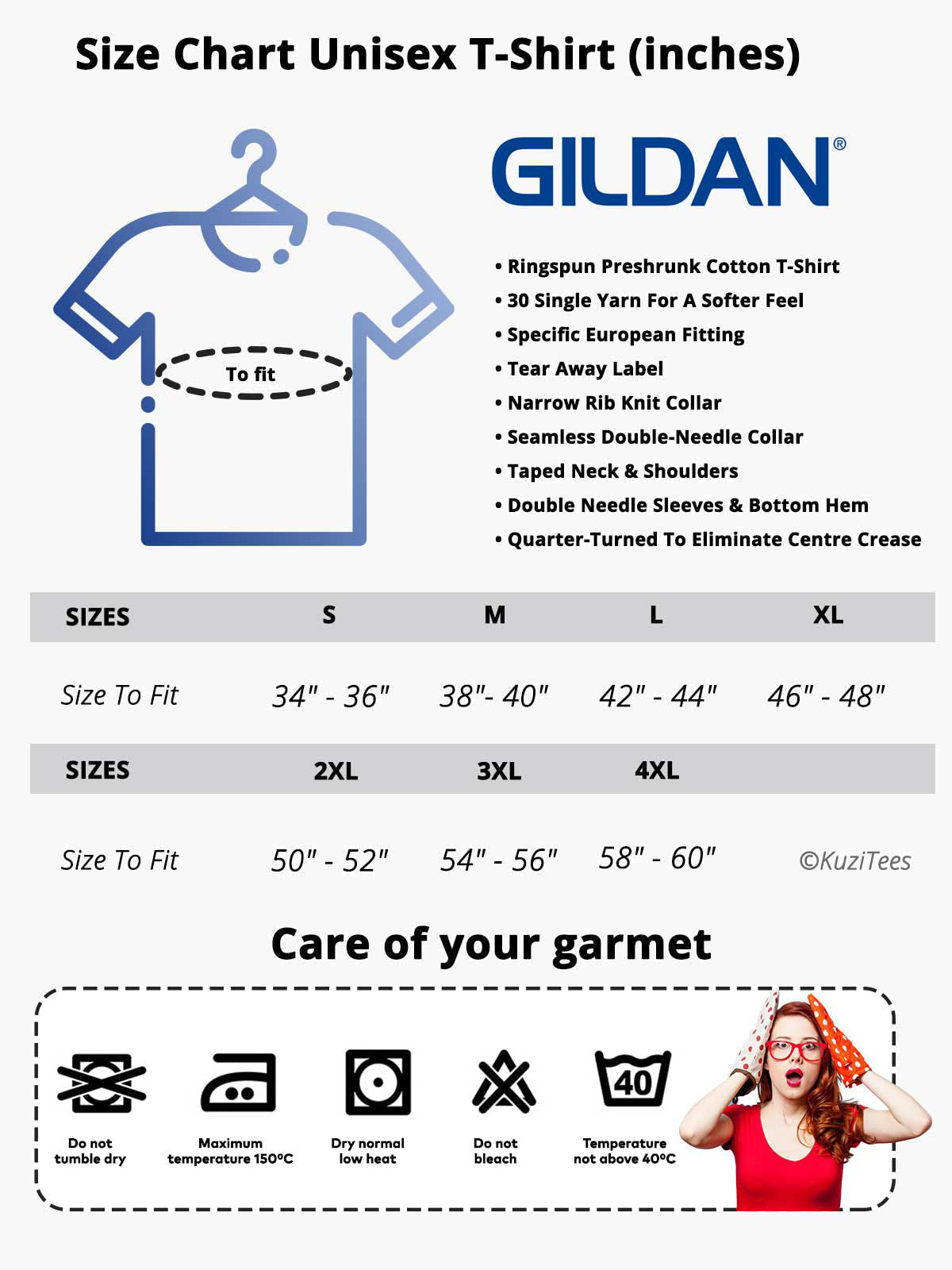 Kuzi Tees Unisex T-shirt Size Chart