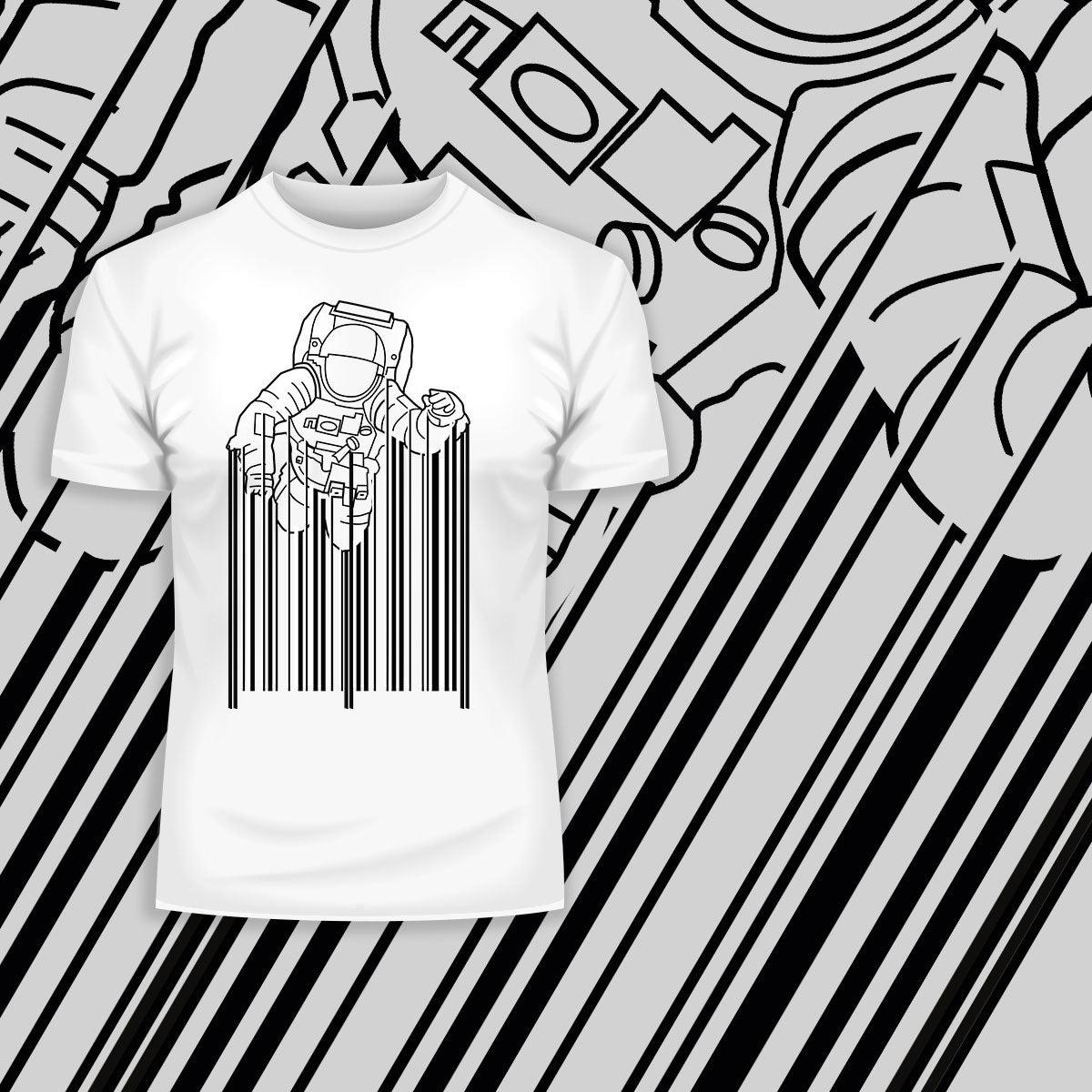 Astronaut with barcode T-Shirt Black & White t-shirt design - Kuzi Tees
