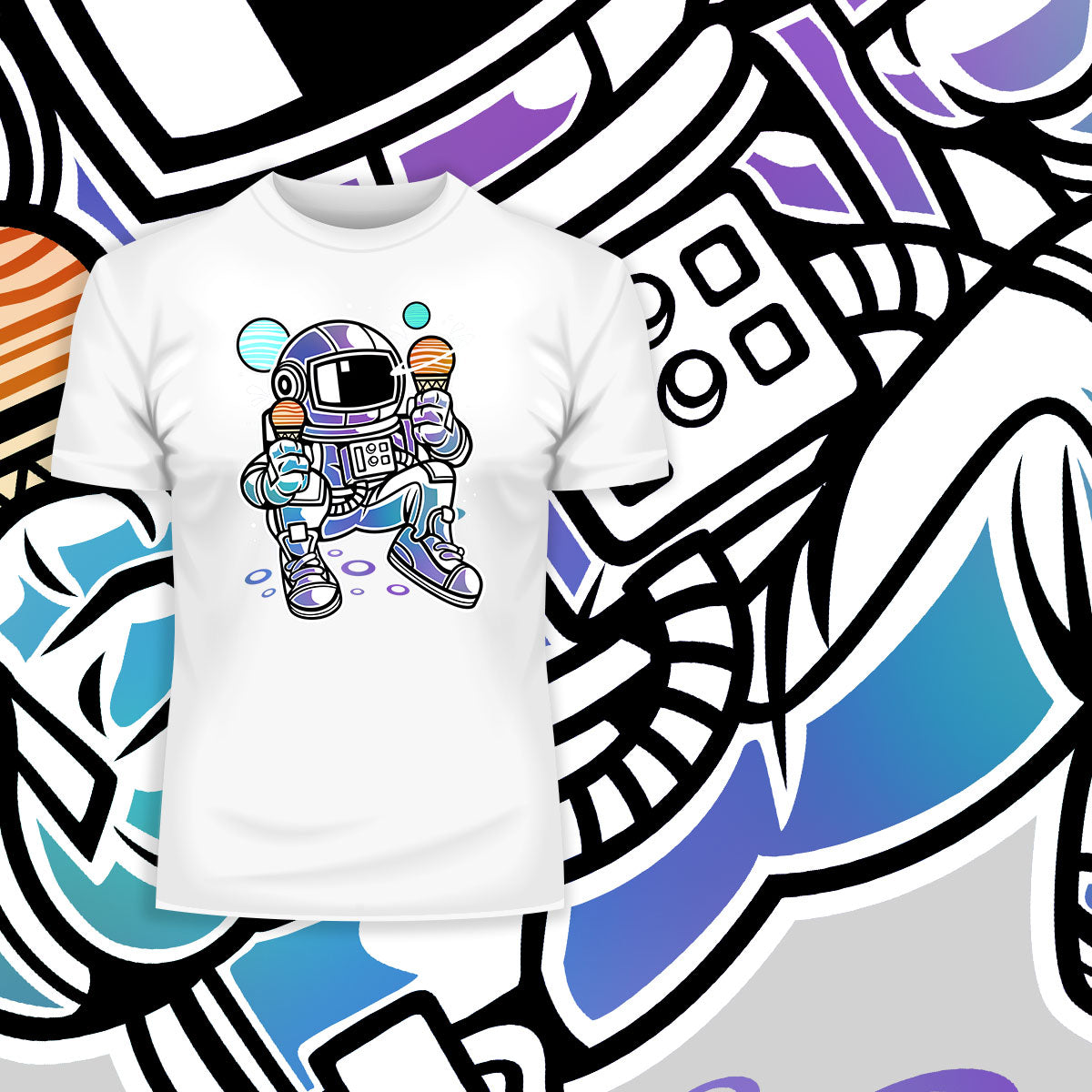 Retro Astronaut with Ice Cream Planets Unisex Nostalgia White Black & Grey T-shirt - Kuzi Tees