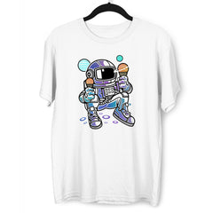Retro Astronaut with Ice Cream Planets Unisex Nostalgia White Black & Grey T-shirt - Kuzi Tees