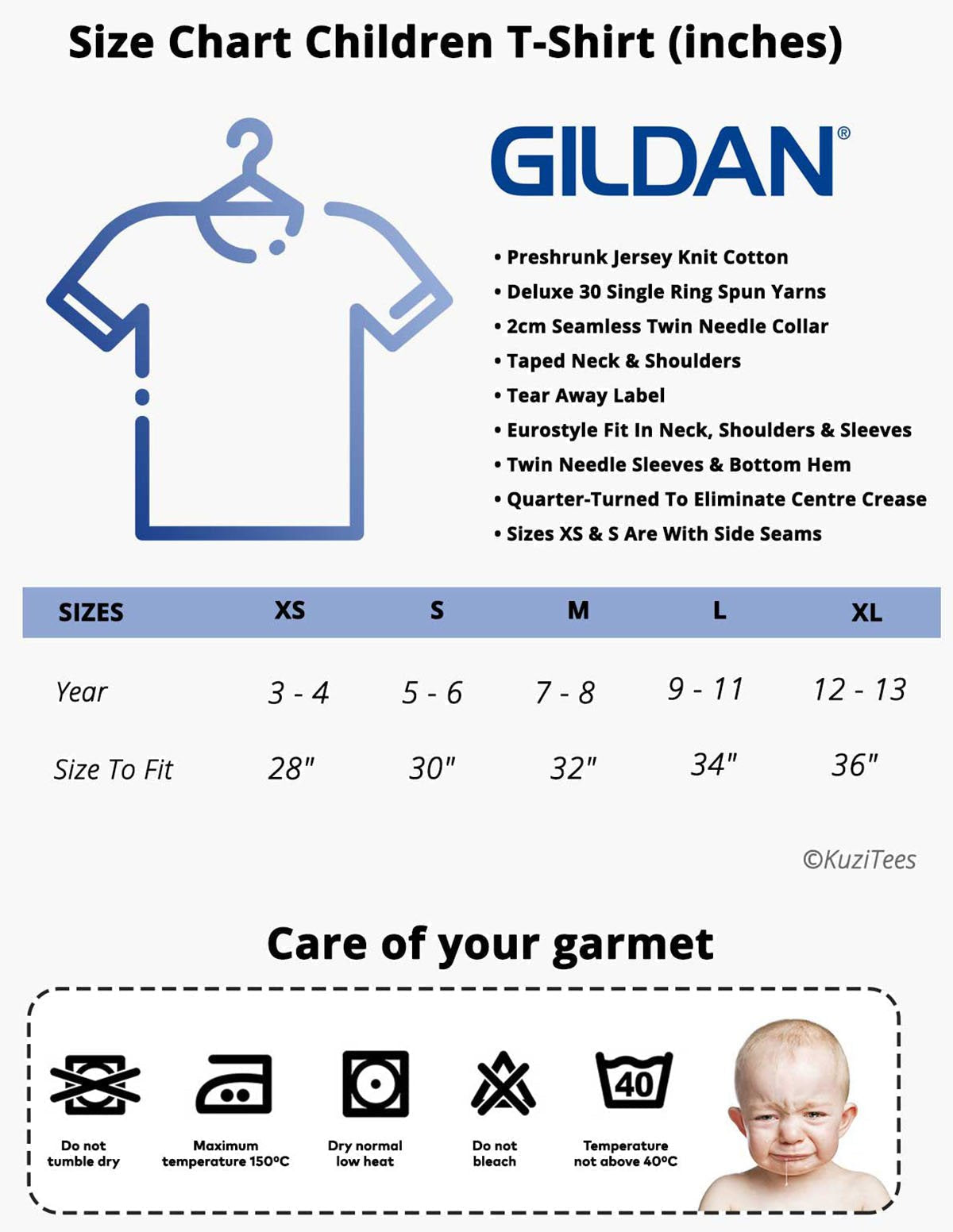 Kuzi Tees Children T-shirt Size Chart