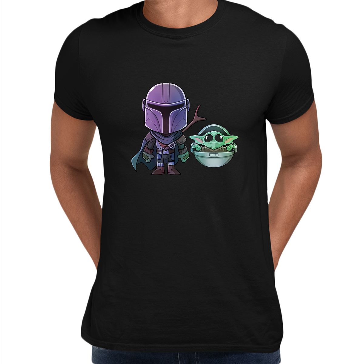 Star Wars Movie Mandalorian & Baby Yoda Black White Crew Neck t shirt - Kuzi Tees