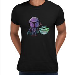 Star Wars Movie Mandalorian & Baby Yoda Black White Crew Neck t shirt - Kuzi Tees