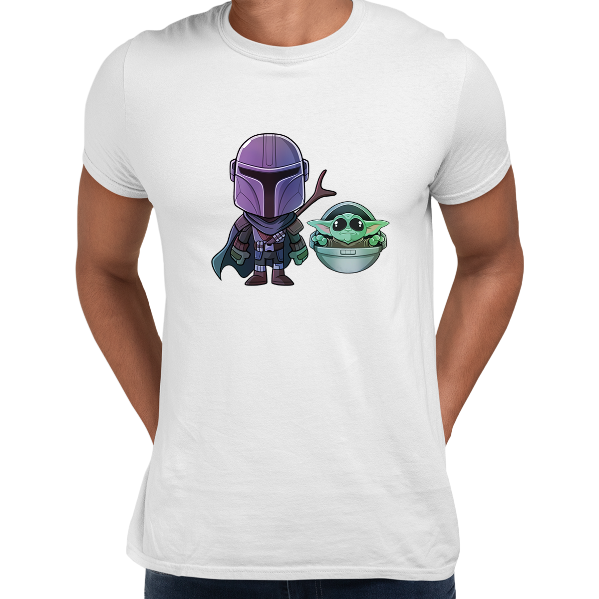 Star Wars Movie Mandalorian & Baby Yoda Black White Crew Neck t shirt - Kuzi Tees