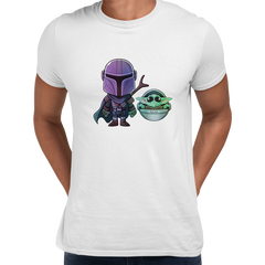 Star Wars Movie Mandalorian & Baby Yoda Black White Crew Neck t shirt - Kuzi Tees