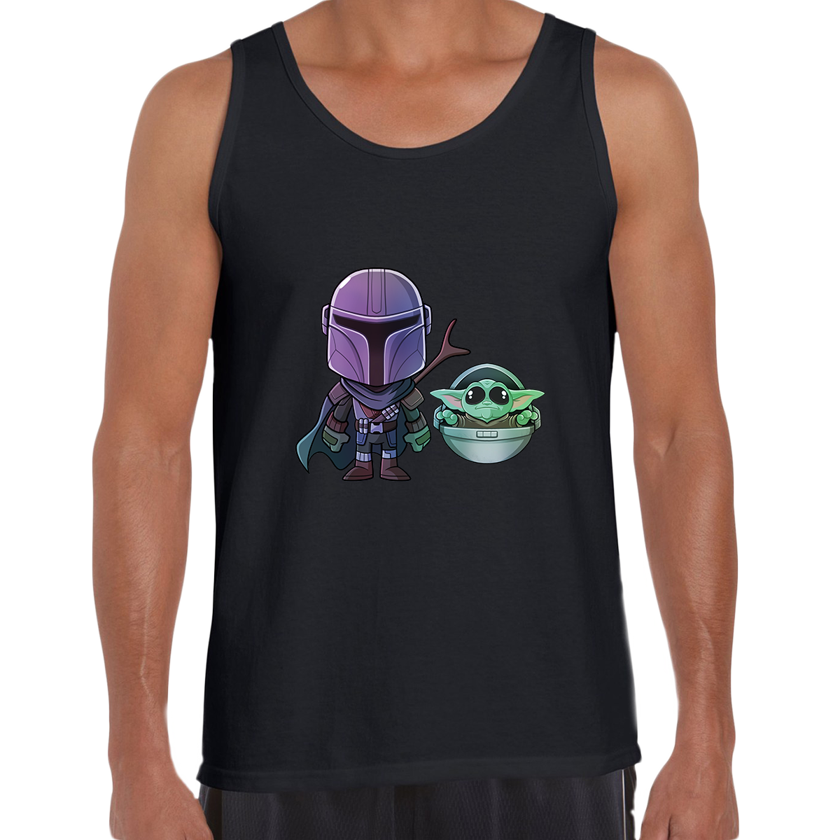 Star Wars Tank Top Mandalorian & Baby Yoda Movie Black White - Kuzi Tees