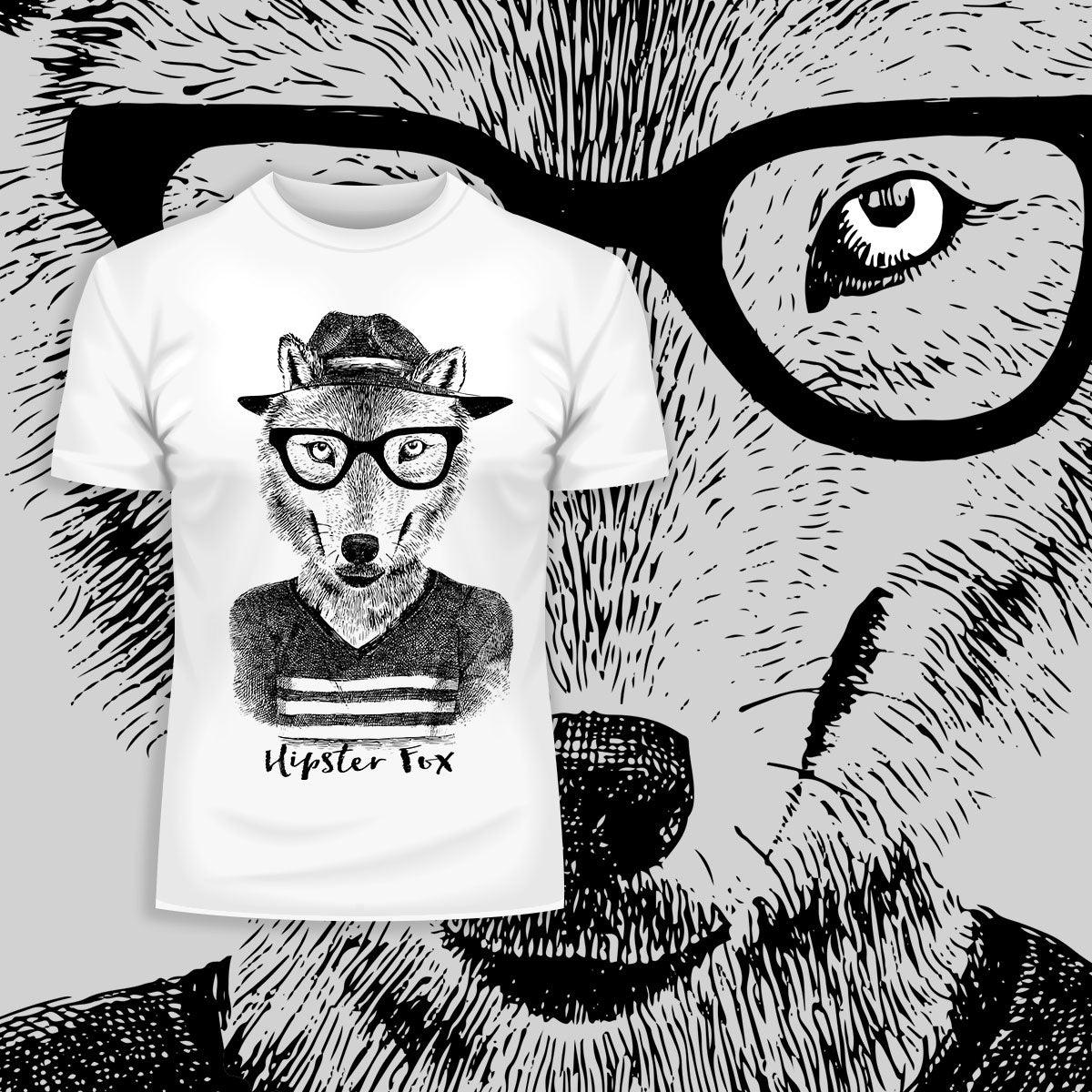 Funny Hipster Fox Hand Drawn Animal T-shirt Available in Grey White & Black - Kuzi Tees