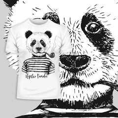 Funny Hipster Panda Hand Drawn Animal Black White & Grey Unisex T-Shirt - Kuzi Tees