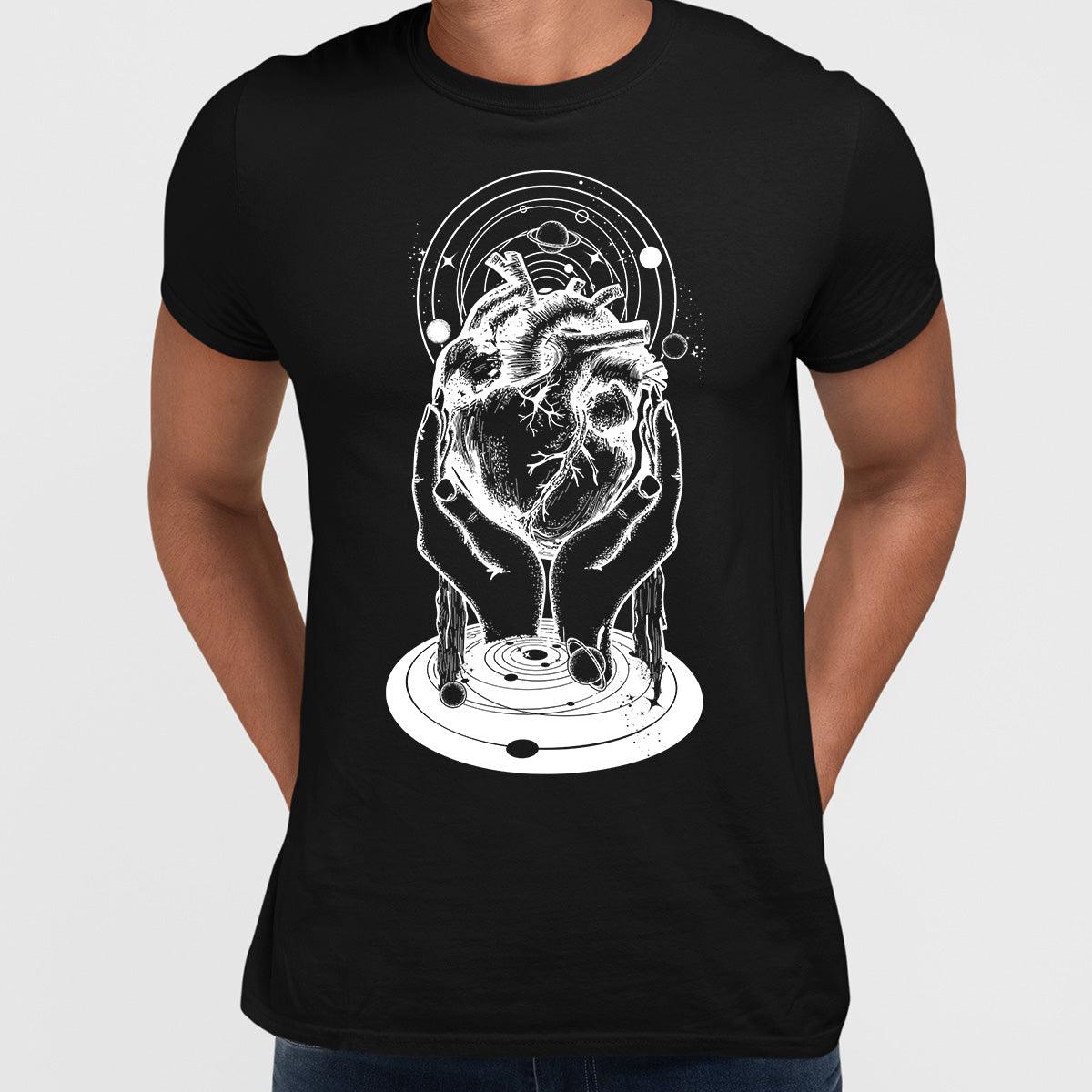 Hands holding heart in the middle of the universe Abstract and surreal t-shirt - Kuzi Tees