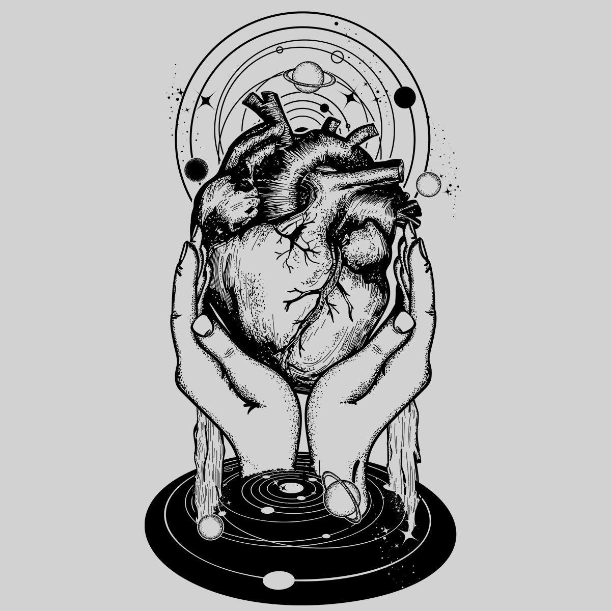 Hands holding heart in the middle of the universe Abstract and surreal t-shirt - Kuzi Tees