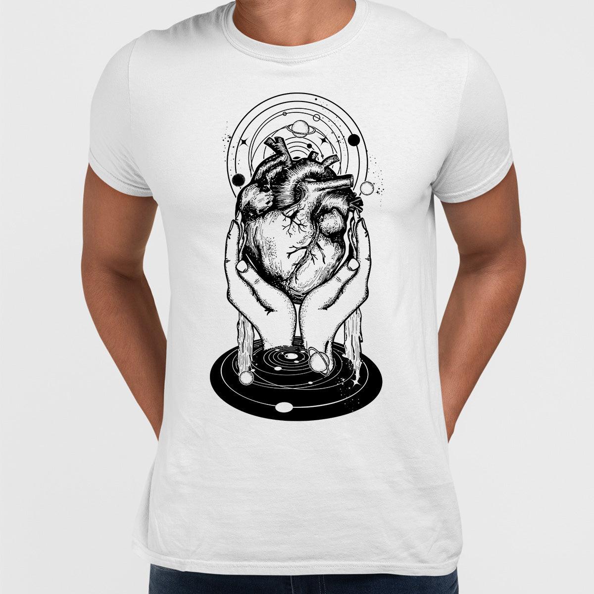 Hands holding heart in the middle of the universe Abstract and surreal t-shirt - Kuzi Tees