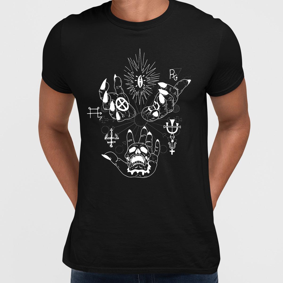 Hands with occult & mystic dark symbols Skull & Pentagram - Kuzi Tees