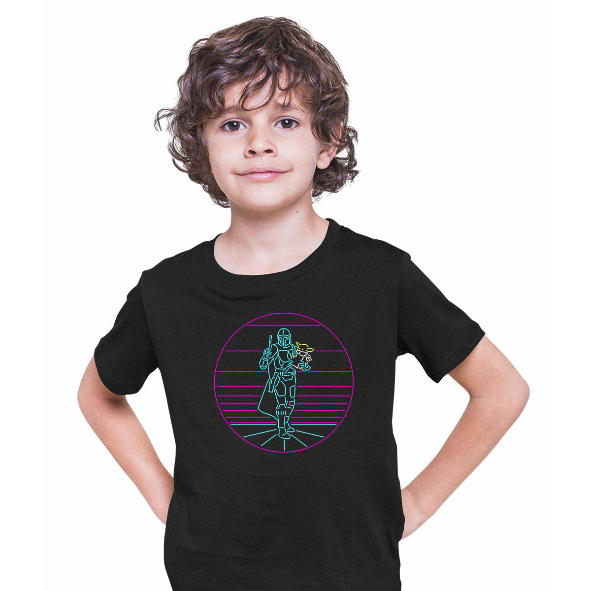 Mando & Grogu Neon Nostalgia Line Design Star wars Kids T-shirt - Kuzi Tees