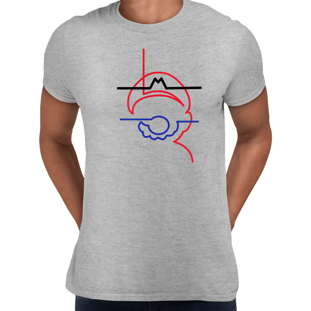 Super Mario One line drawing Movie Grey T-shirt
