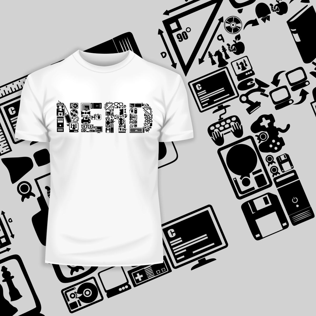 NERD typography tee including goodies and gadgets icon Art T-shirt - Kuzi Tees