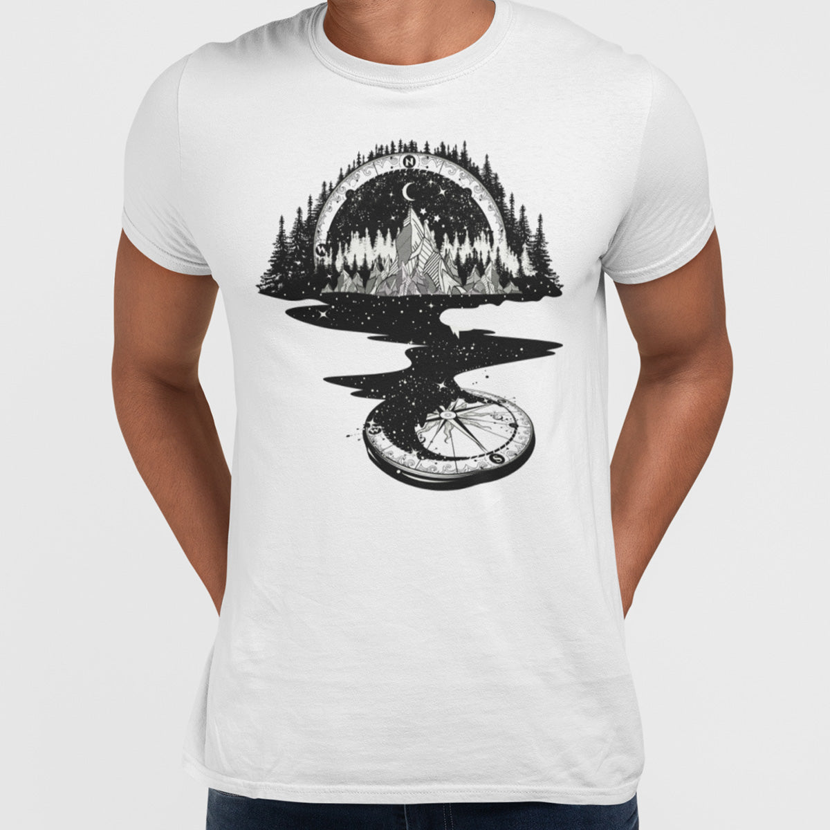 Surreal T-shirt of River Mountain & a Compass - Kuzi Tees