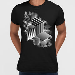 Linear striped abstract 3D dimensional retro style graphic element T-shirt with cubes One - Kuzi Tees